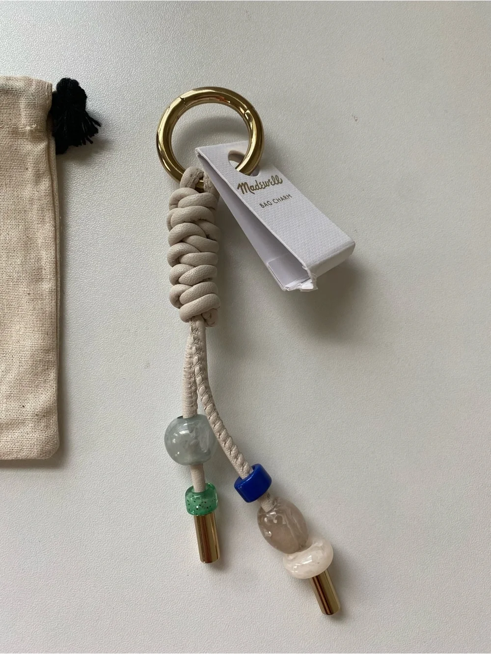 NWT Madewell Ivory Braided Leather Bag Charm with Blue and Green Beads